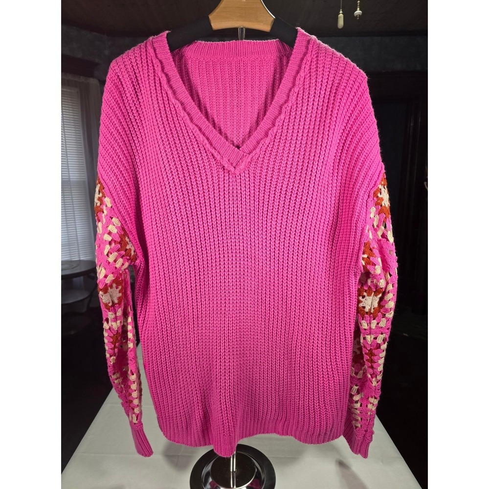 Pink Crochet Granny Square cottagecore Knit Sweater Womens Size M boho Vintage
